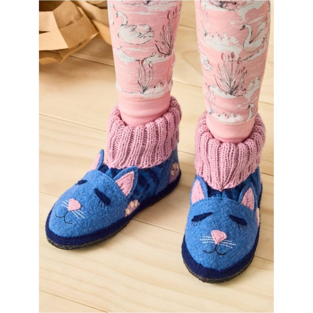 Garnet Hill Kids Blue Cat Boiled Wool Slipper Boots Size 5 Pink Knit Cuff Cozy